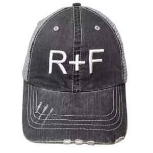 R + F Logo Hat Baseball Cap Gray Black OS Strapback Distressed Mesh Embroidered
